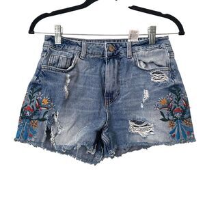 ZARA Embroidered Distressed Cut Off‎ Denim Shorts Sz 2
